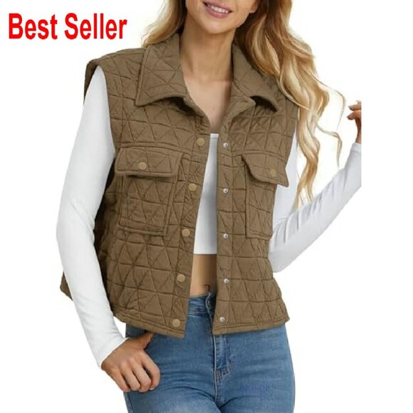 Quilted Puffer Vest Sleeveless Jacket Chic Minimal Button Down Outerwear - Picture 4 of 7